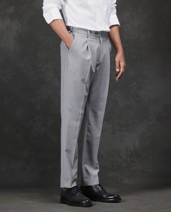 Rare Rabbit Men Morst Grey Cotton Elastane Fabric Single Pleated Checked Trouser