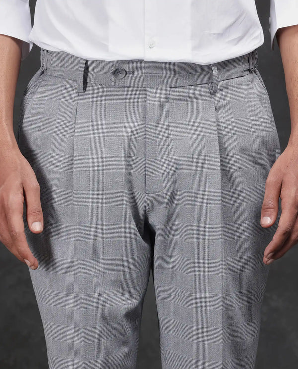 Rare Rabbit Men Morst Grey Cotton Elastane Fabric Single Pleated Checked Trouser