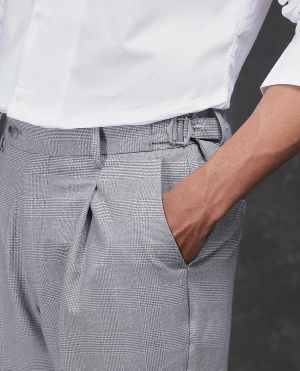 Rare Rabbit Men Morst Grey Cotton Elastane Fabric Single Pleated Checked Trouser