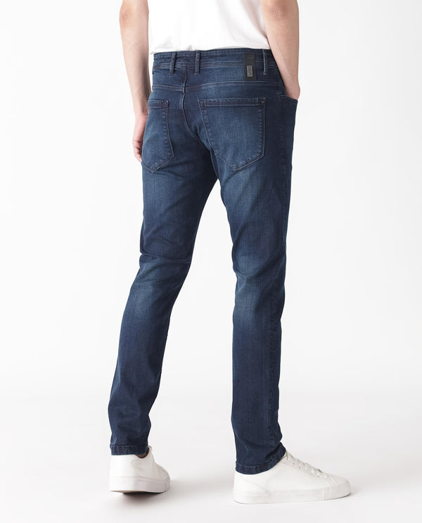 Rare Rabbit Men's Morvan Dark Blue Mid Wash Mid-Rise Slim Fit Jeans