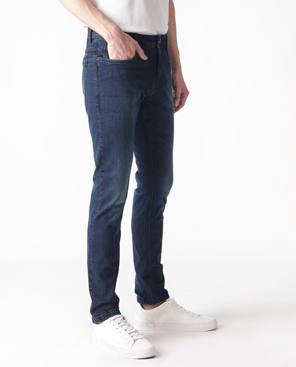 Rare Rabbit Men's Morvan Dark Blue Mid Wash Mid-Rise Slim Fit Jeans