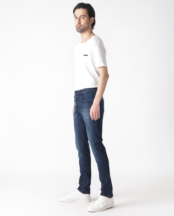 Rare Rabbit Men's Morvan Dark Blue Mid Wash Mid-Rise Slim Fit Jeans