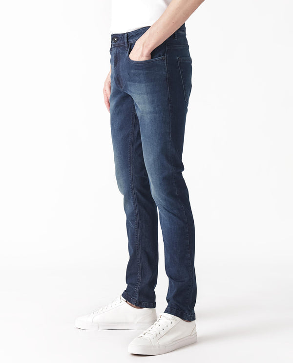 Rare Rabbit Men's Morvan Dark Blue Mid Wash Mid-Rise Slim Fit Jeans