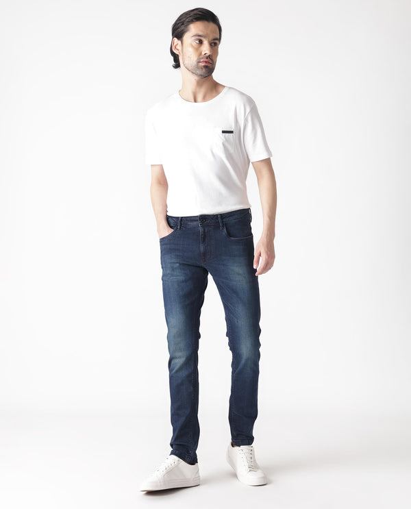 Rare Rabbit Men's Morvan Dark Blue Mid Wash Mid-Rise Slim Fit Jeans