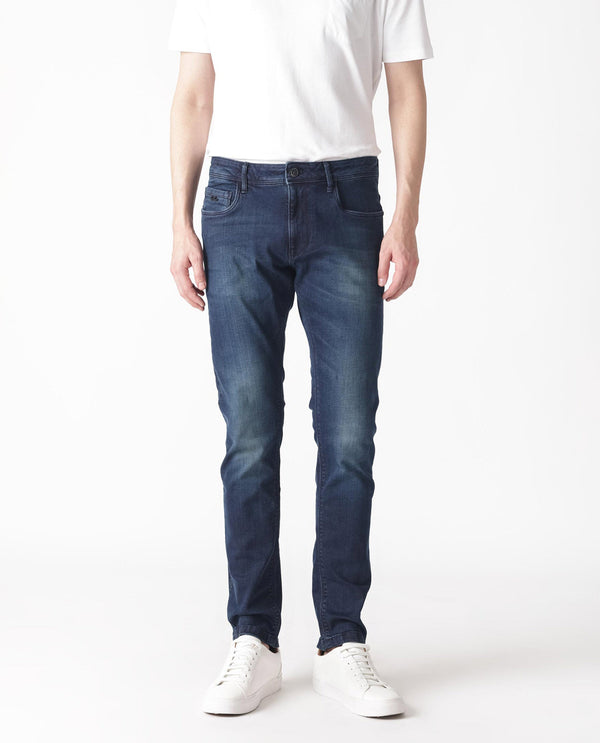 Rare Rabbit Men's Morvan Dark Blue Mid Wash Mid-Rise Slim Fit Jeans