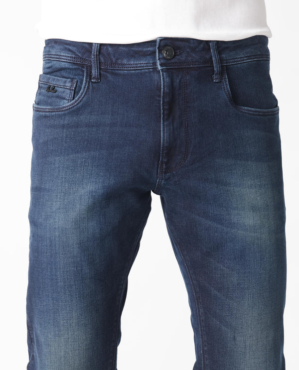 Rare Rabbit Men's Morvan Dark Blue Mid Wash Mid-Rise Slim Fit Jeans