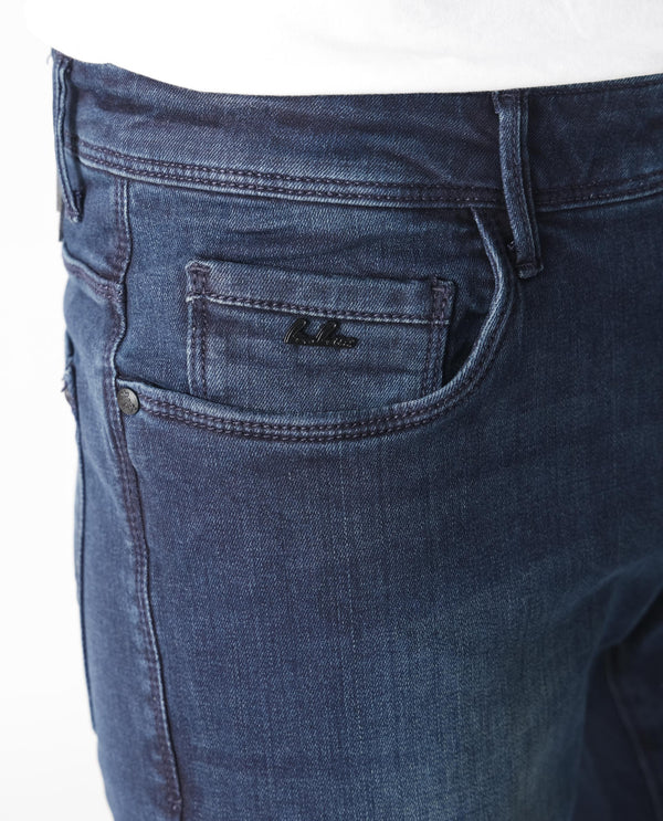 Rare Rabbit Men's Morvan Dark Blue Mid Wash Mid-Rise Slim Fit Jeans