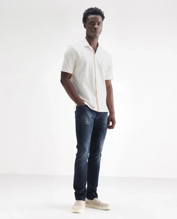 Rare Rabbit Men's Morvan Dark Blue Mid Wash Mid-Rise Slim Fit Jeans