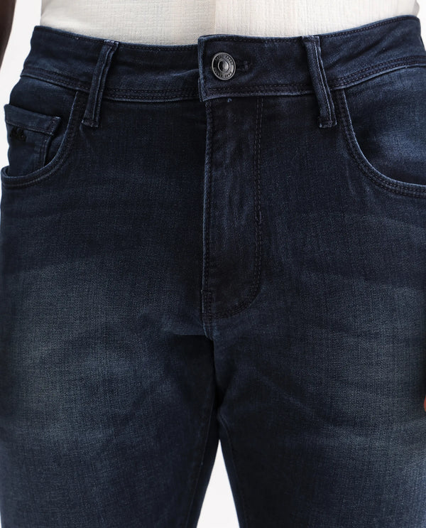 Rare Rabbit Men's Morvan Dark Blue Mid Wash Mid-Rise Slim Fit Jeans