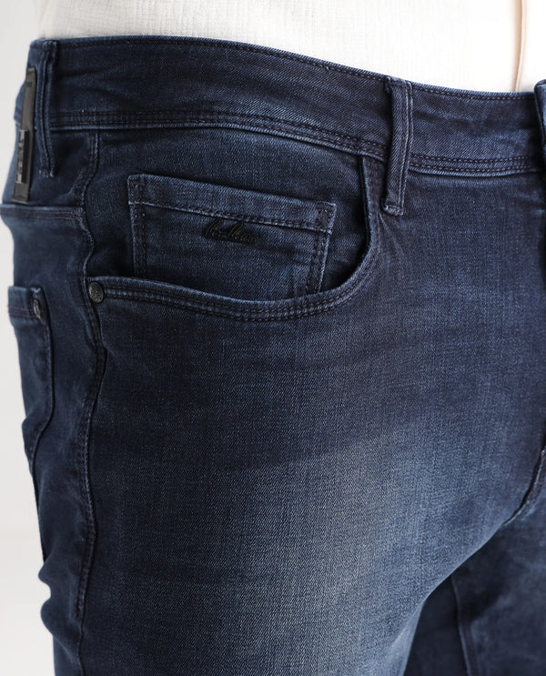 Rare Rabbit Men's Morvan Dark Blue Mid Wash Mid-Rise Slim Fit Jeans