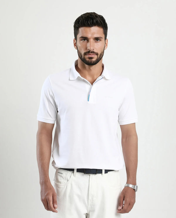 Rare Rabbit Men's Mor White Cotton Blend Fabric Half Sleeve Spread Collar Regular Fit Plain Polo