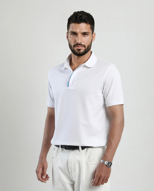 Rare Rabbit Men's Mor White Cotton Blend Fabric Half Sleeve Spread Collar Regular Fit Plain Polo