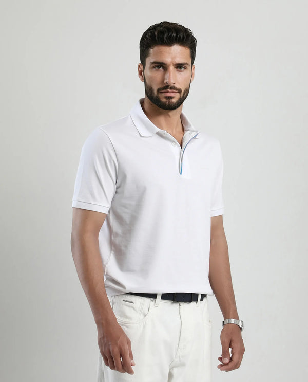 Rare Rabbit Men's Mor White Cotton Blend Fabric Half Sleeve Spread Collar Regular Fit Plain Polo