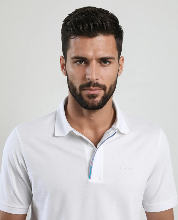 Rare Rabbit Men's Mor White Cotton Blend Fabric Half Sleeve Spread Collar Regular Fit Plain Polo