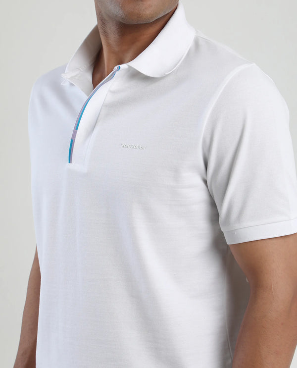 Rare Rabbit Men's Mor White Cotton Blend Fabric Half Sleeve Spread Collar Regular Fit Plain Polo