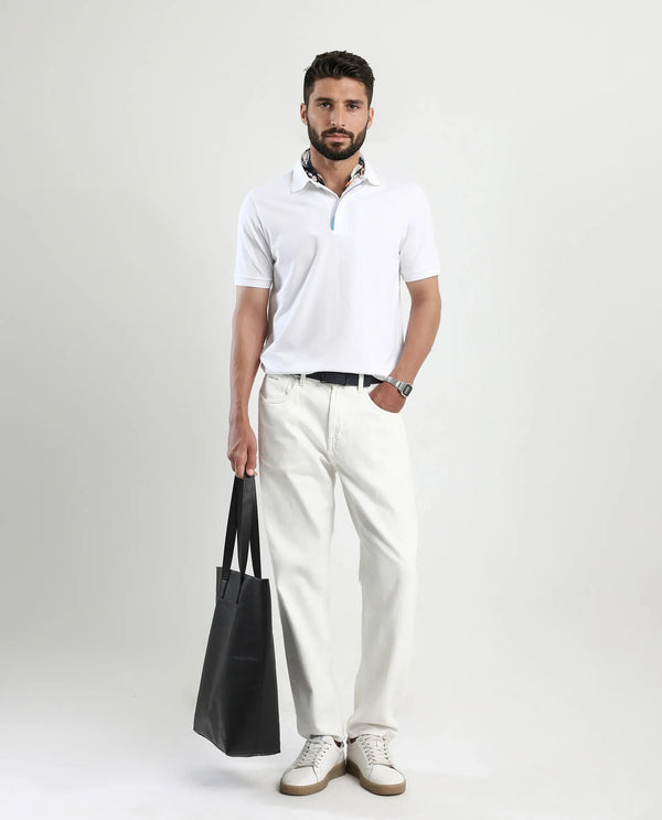 Rare Rabbit Men's Mor White Cotton Blend Fabric Half Sleeve Spread Collar Regular Fit Plain Polo