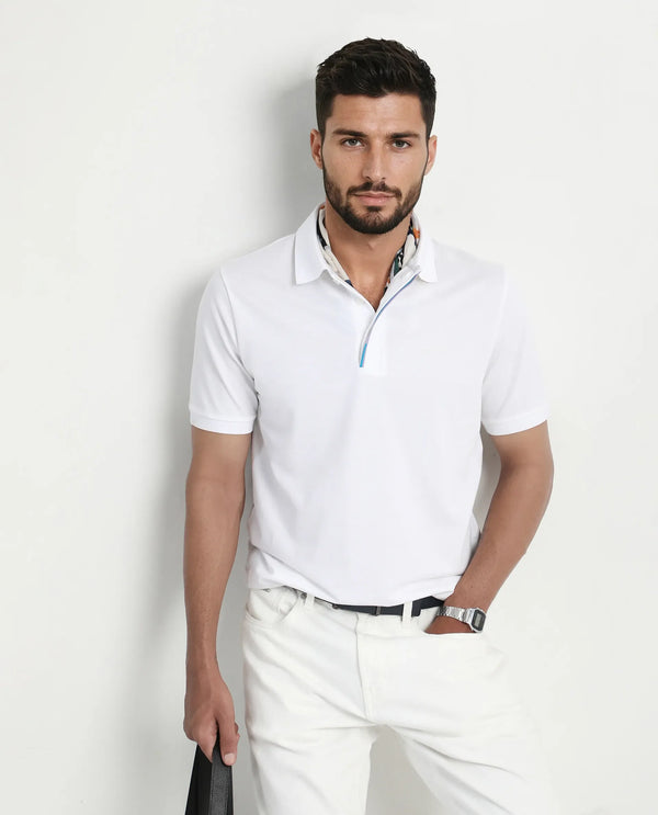 Rare Rabbit Men's Mor White Cotton Blend Fabric Half Sleeve Spread Collar Regular Fit Plain Polo