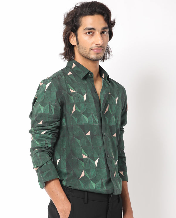 Rare Rabbit Men's Mose Green Viscose Fabric Geometric Print Full Sleeves Shirt