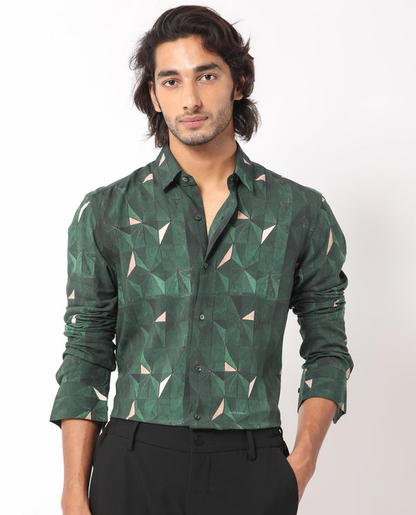 Rare Rabbit Men's Mose Green Viscose Fabric Geometric Print Full Sleeves Shirt