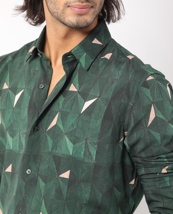 Rare Rabbit Men's Mose Green Viscose Fabric Geometric Print Full Sleeves Shirt