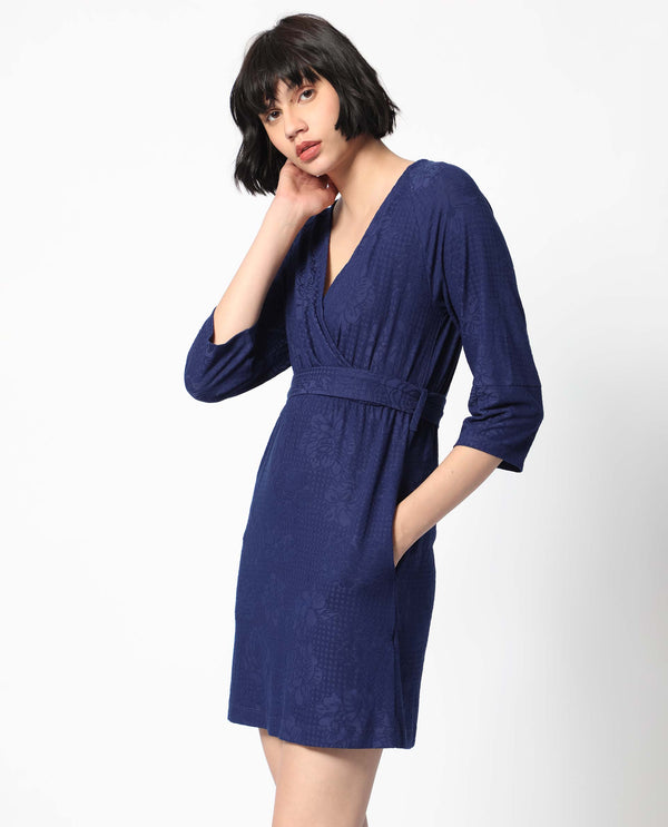 Rareism Women's Mose Navy Polyester Fabric V-Neck Tie-Up Closure 3/4Th Sleeve Floral Print  Mini Dress