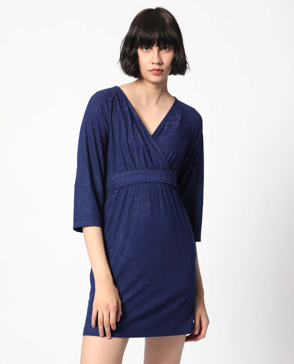 Rareism Women's Mose Navy Polyester Fabric V-Neck Tie-Up Closure 3/4Th Sleeve Floral Print  Mini Dress