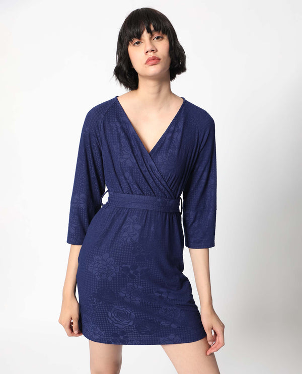 Rareism Women's Mose Navy Polyester Fabric V-Neck Tie-Up Closure 3/4Th Sleeve Floral Print  Mini Dress
