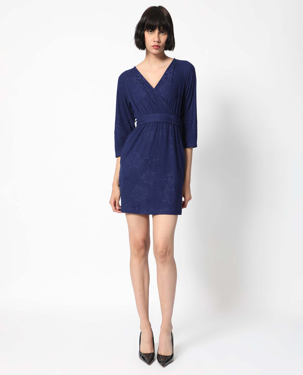 Rareism Women's Mose Navy Polyester Fabric V-Neck Tie-Up Closure 3/4Th Sleeve Floral Print  Mini Dress