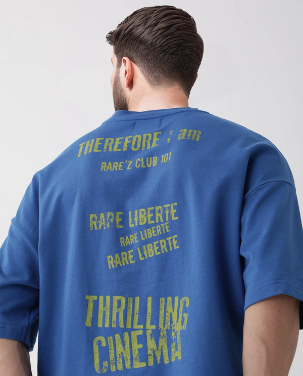 Rare Rabbit Men Moshe Flouroscent Blue Cotton Fabric Short Sleeve Oversized Fit Graphic Printed T-Shirt
