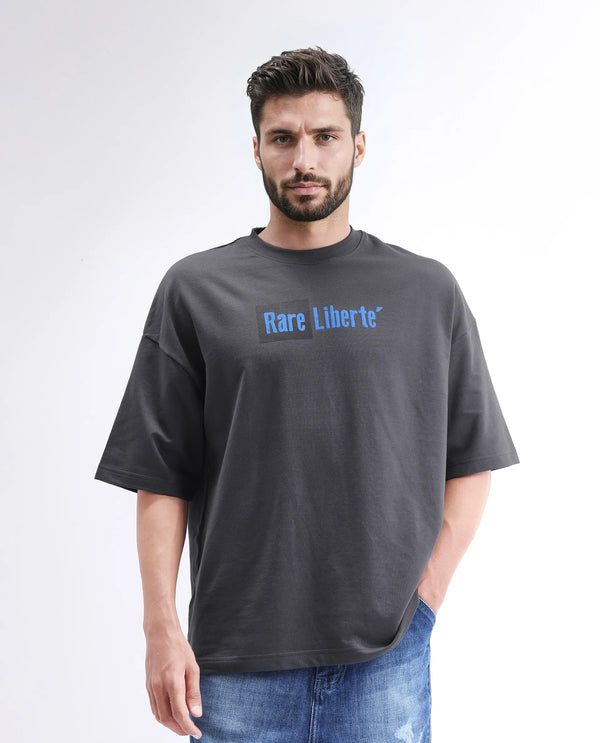 Rare Rabbit Men Moshe Grey Cotton Fabric Short Sleeve Oversized Fit Graphic Printed T-Shirt