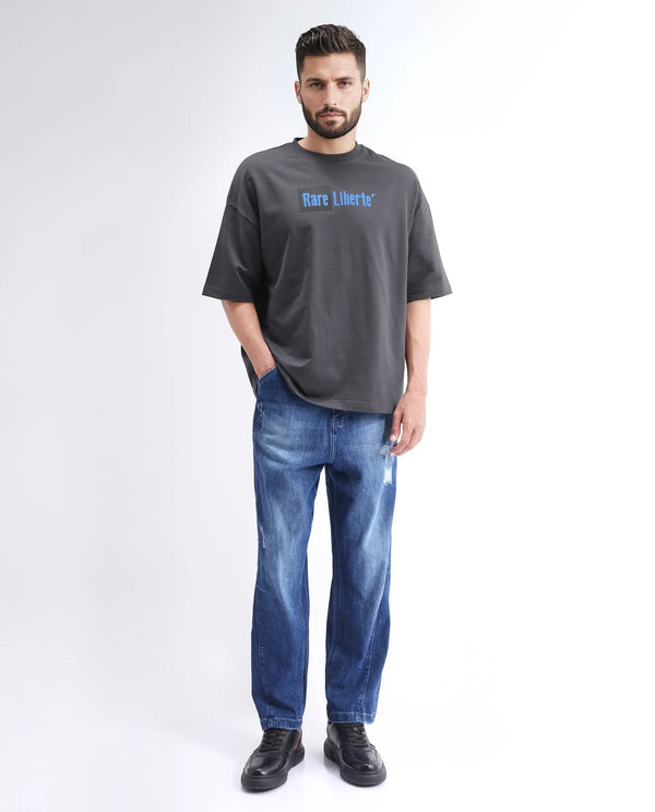 Rare Rabbit Men Moshe Grey Cotton Fabric Short Sleeve Oversized Fit Graphic Printed T-Shirt