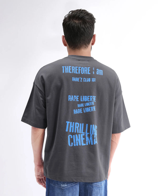 Rare Rabbit Men Moshe Grey Cotton Fabric Short Sleeve Oversized Fit Graphic Printed T-Shirt