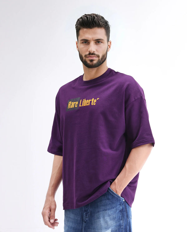 Rare Rabbit Men Moshe Purple Cotton Fabric Short Sleeve Oversized Fit Graphic Printed T-Shirt