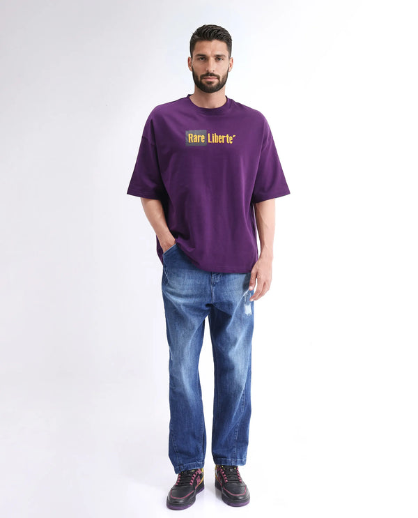 Rare Rabbit Men Moshe Purple Cotton Fabric Short Sleeve Oversized Fit Graphic Printed T-Shirt