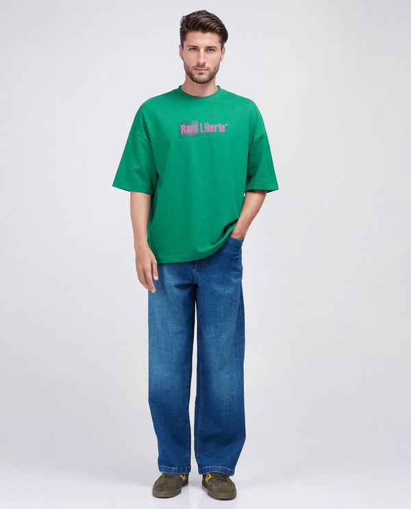 Rare Rabbit Men Moshe Green Cotton Fabric Short Sleeve Oversized Fit Graphic Printed T-Shirt