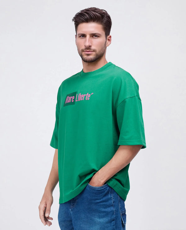Rare Rabbit Men Moshe Green Cotton Fabric Short Sleeve Oversized Fit Graphic Printed T-Shirt