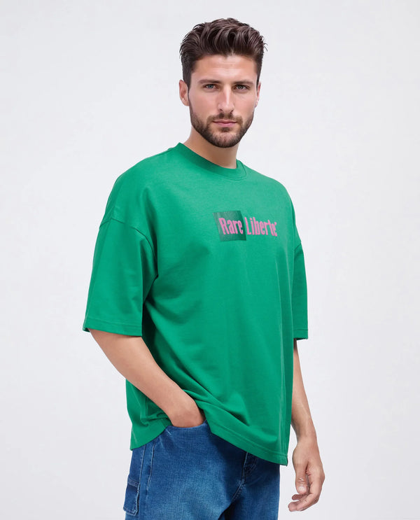 Rare Rabbit Men Moshe Green Cotton Fabric Short Sleeve Oversized Fit Graphic Printed T-Shirt
