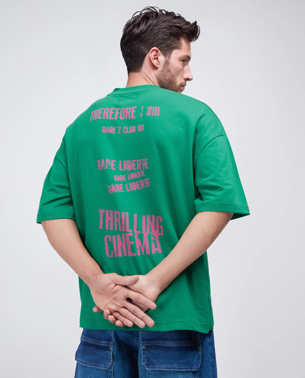 Rare Rabbit Men Moshe Green Cotton Fabric Short Sleeve Oversized Fit Graphic Printed T-Shirt