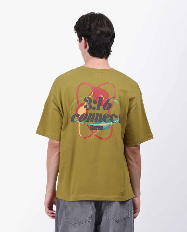 Rare Rabbit Men's Mosh Olive Cotton Fabric Half Sleeve Crew Neck Oversized Fit Graphic Print T-Shirt