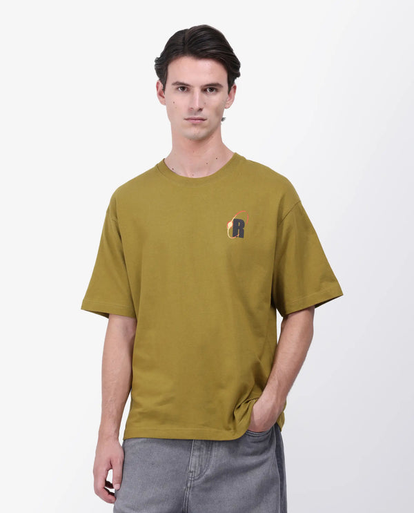 Rare Rabbit Men's Mosh Olive Cotton Fabric Half Sleeve Crew Neck Oversized Fit Graphic Print T-Shirt