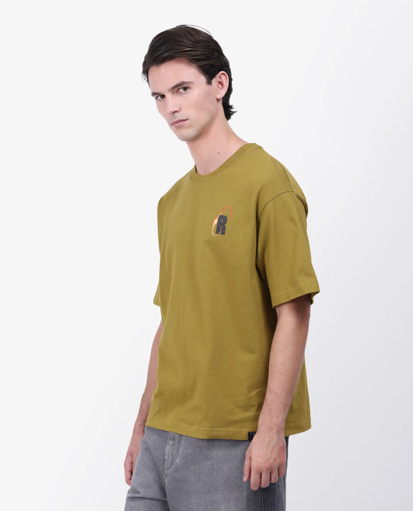 Rare Rabbit Men's Mosh Olive Cotton Fabric Half Sleeve Crew Neck Oversized Fit Graphic Print T-Shirt