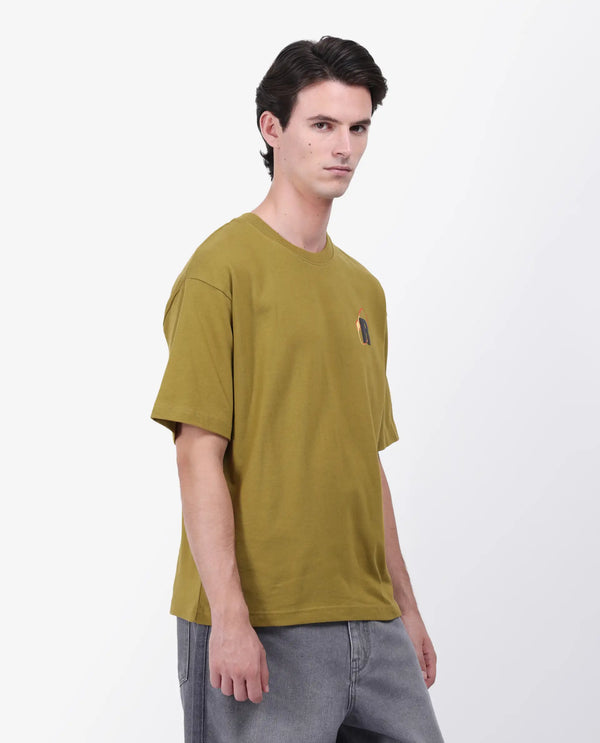 Rare Rabbit Men's Mosh Olive Cotton Fabric Half Sleeve Crew Neck Oversized Fit Graphic Print T-Shirt