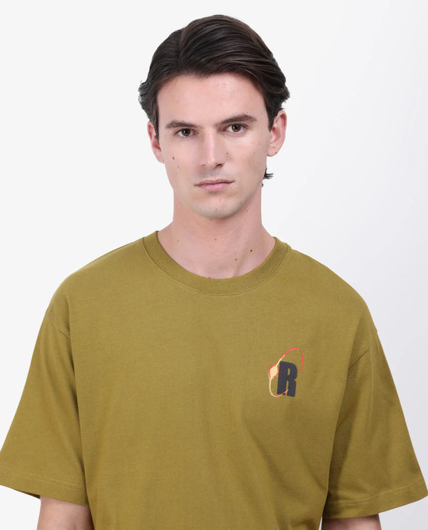Rare Rabbit Men's Mosh Olive Cotton Fabric Half Sleeve Crew Neck Oversized Fit Graphic Print T-Shirt