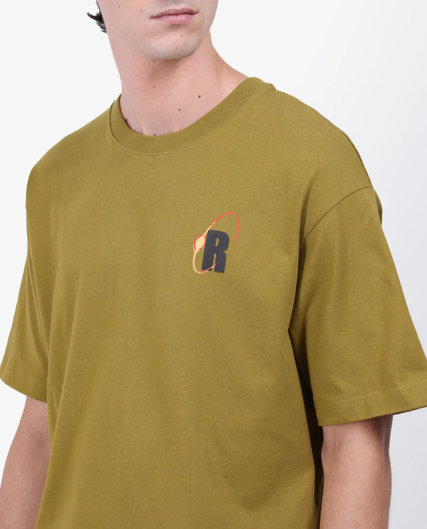 Rare Rabbit Men's Mosh Olive Cotton Fabric Half Sleeve Crew Neck Oversized Fit Graphic Print T-Shirt