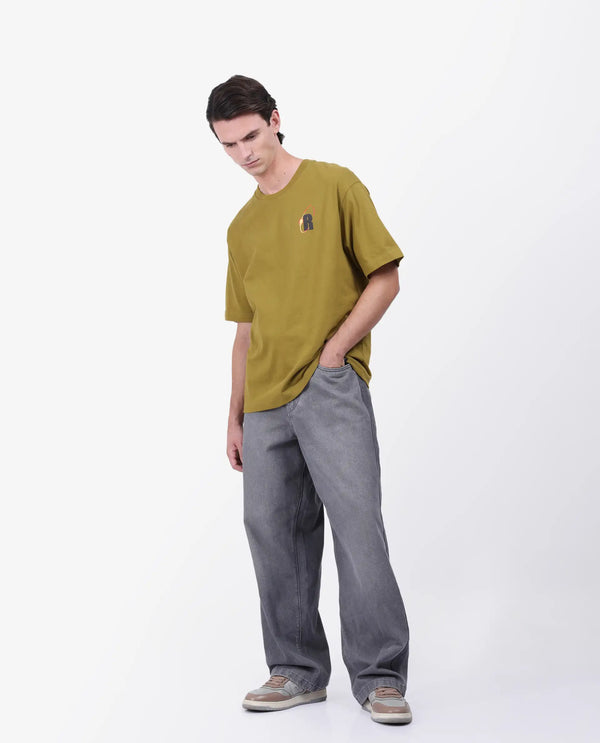 Rare Rabbit Men's Mosh Olive Cotton Fabric Half Sleeve Crew Neck Oversized Fit Graphic Print T-Shirt