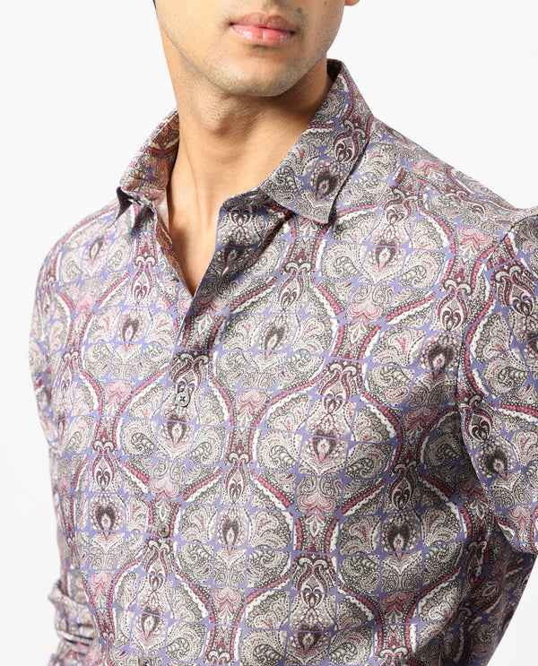 Rare Rabbit Men's Mosaic Purple Cotton Fabric Paisley Print Full Sleeves Shirt