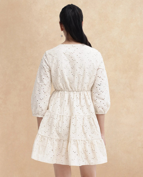 Rareism Women's Mosilo Off White  V-Neck Zipper Closure Balloon Sleeve Plain Fit And Flare Knee Length Dress