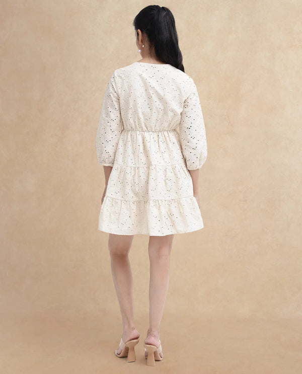 Rareism Women's Mosilo Off White  V-Neck Zipper Closure Balloon Sleeve Plain Fit And Flare Knee Length Dress