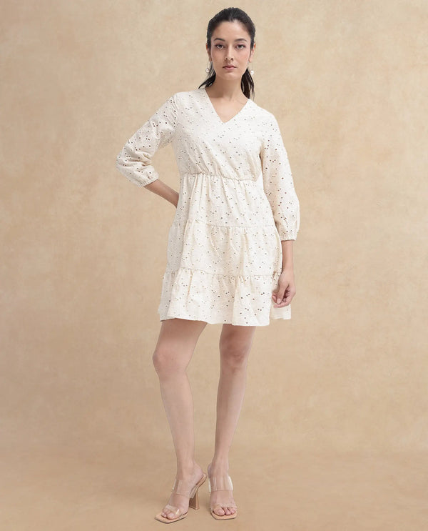 Rareism Women's Mosilo Off White  V-Neck Zipper Closure Balloon Sleeve Plain Fit And Flare Knee Length Dress