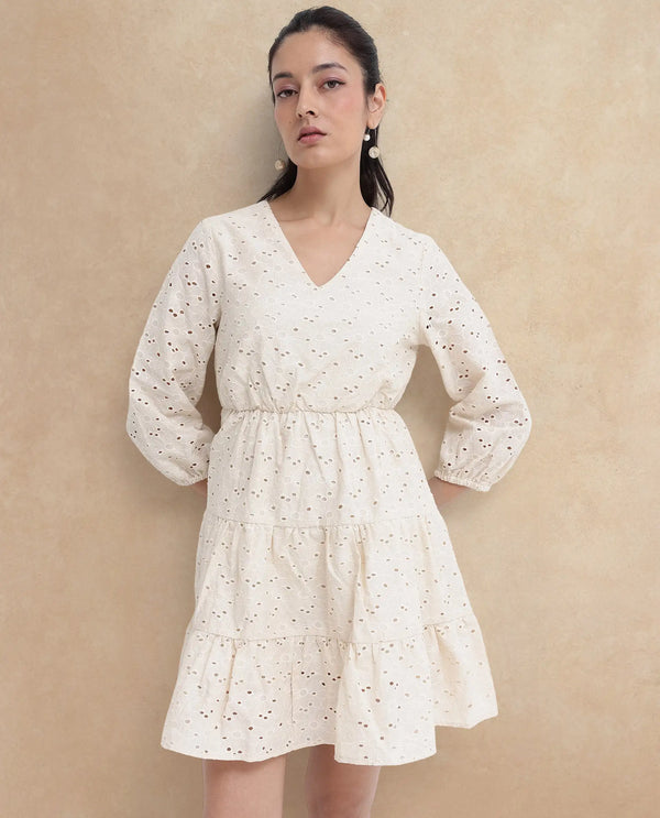 Rareism Women's Mosilo Off White  V-Neck Zipper Closure Balloon Sleeve Plain Fit And Flare Knee Length Dress